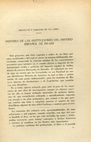 PROYECTO Y ESQUEMA DE UN LIBRO. HISTORIA DE LAS INSTITUCIONES DEL IMPERIO ESPAÑOL DE INDIAS.