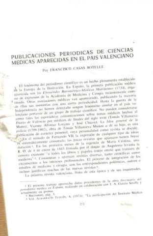 PUBLICACIONES PERIODICAS DE CIENCIAS MEDICAS APARECIDAS EN EL PAIS VALENCIANO.