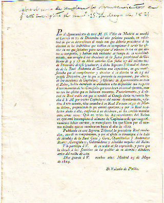 REAL DECRETO: QUE EN TODOS LOS AYUNTAMIENTOS DEL REINO EN QUE ESTE INCOMPLETO EL NUMERO DE CAPITULARES DE QUE RESPECTIVAMENTE DEBAN CONSTAR, SE REEMPLACEN LOS QUE FALTEN POR EL MISMO METODO QUE SE NOMBRARON HASTA EL AÑO DE 1820.