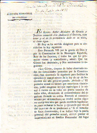 REAL ORDEN DIRIGIDA POR EL MINISTRO DE GRACIA Y JUSTICIA SOBRE LA LIBERTAD DE LOS BIENES VINCULADOS.