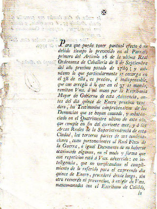 REAL ORDENANZA DE CABALLERIA PARA QUE SE REMITAN LOS TESTIMONIOS COMPREHENSIVOS DE LAS DENUNCIAS QUE SE HAYAN CAUSADO, Y SUBSTANCIADO EN EL QUATRIMESTRE ULTIMO... A LAS ARCAS REALES DE LA SUPERINTENDENCIA, COMO PERTENECIENTES AL REAL FISCO DE LA GUERRA.