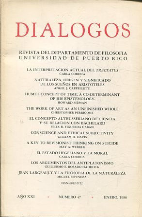 REVISTA DEL DEPARTAMENTO DE FILOSOFIA. DIALOGOS AÑO XXI NUMERO 47 ENERO, 1986.