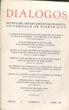 REVISTA DEL DEPARTAMENTO DE FILOSOFIA. DIALOGOS AÑO XX NUMERO 45 APRIL, 1985.