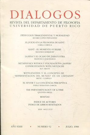 REVISTA DEL DEPARTAMENTO DE FILOSOFIA. DIALOGOS AÑO XXIII NUMERO 52 JULIO, 1988.