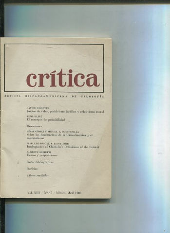 REVISTA HISPANOAMERICANA DE FILOSOFIA. CRITICA VOL XIII, No. 37.