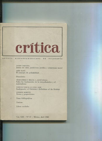 REVISTA HISPANOAMERICANA DE FILOSOFIA. CRITICA VOL XIII, No. 37.