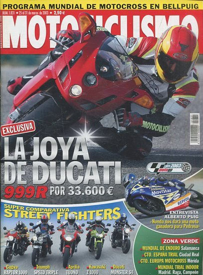 REVISTA MOTOCICLISMO.  LA JOYA DE DUCATI. NUMERO 1831 25 al 31 de MARZO DE 2003.