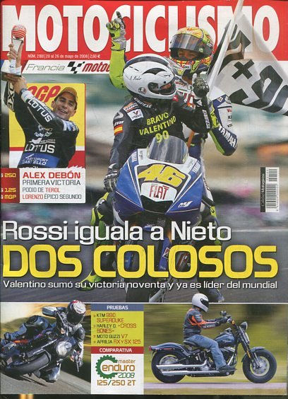 REVISTA MOTOCICLISMO. ROSSI IGUALA A NIETO. DOS COLOSOS. NUMERO 2100, 20 AL 26 DE MAYO DE 2008.