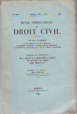 REVUE TRIMESTRIELLE DE DROIT CIVIL. 61º ANNEE, JANVIER-MARS 1962. Nº 1.