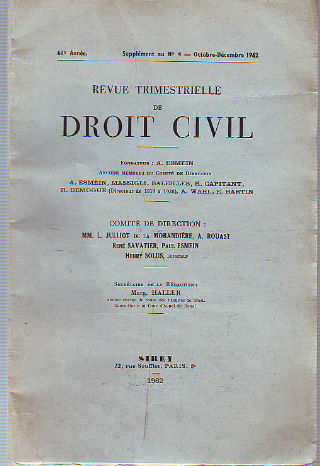 REVUE TRIMESTRIELLE DE DROIT CIVIL. 61º ANNEE, OCTOBRE-DECEMBRE 1962. Nº 4.