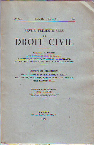 REVUE TRIMESTRIELLE DE DROIT CIVIL. 61º ANNEE, SUPPLEMENT AU Nº 4 OCTOBRE-DECEMBRE 1962.