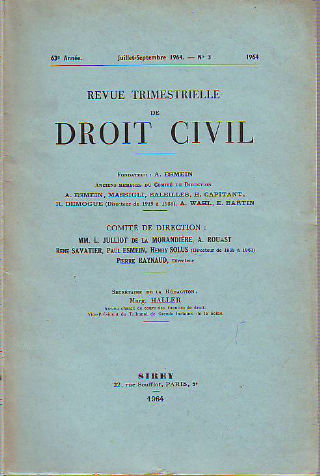 REVUE TRIMESTRIELLE DE DROIT CIVIL. 63º ANNEE, AVRIL-JUIN 1964. Nº 2.