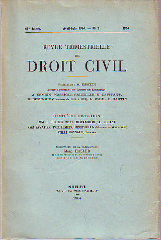 REVUE TRIMESTRIELLE DE DROIT CIVIL. 63º ANNEE, JANVIER-MARS 1964. Nº 1.