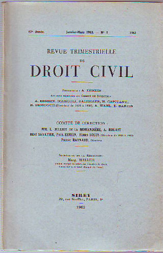 REVUE TRIMESTRIELLE DE DROIT CIVIL. 63º ANNEE, SUPPLEMENT AU Nº 4 OCTOBRE-DECEMBRE 1964.