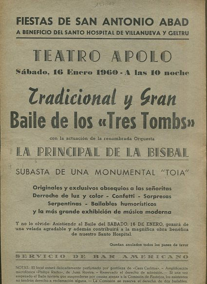 TEATRO APOLO, SABADO 16 DE ENERO DE 1960,  A LAS 10,00 HORAS DE LA NOCHE. TRADICIONAL Y GRAN BAILE DE LES TRES TOMBS, CON LA ACTUACION DE LA ORQUESTA LA PRINCIPAL DE BISBAL.