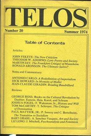 TELOS: NUMBER 20 (SUMMER 1974).