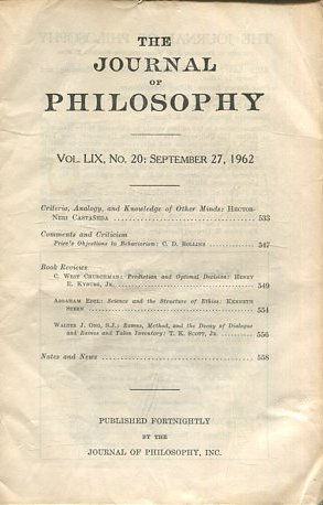 THE JOURNAL OF PHILOSOPHY. VOLUME LIX, NO. 20: SEPTEMBER 27, 1962. CRITERIA, ANALOGY, AND KNOWLEDGE OF OTHER MINDS.