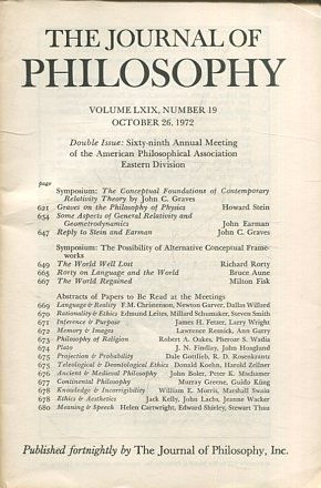 THE JOURNAL OF PHILOSOPHY. VOLUME LXIX, NUMBER 19 OCTOBER 26, 1972. SYMPOSIUM: THE CONCEPTUAL FOUNDATIONS OF CONTEMPORARY RELATIVITY THEORY BY JOHN C. GRAVES.