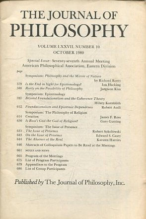 THE JOURNAL OF PHILOSOPHY. VOLUME LXXVII, NUMER 10 OCTOBER 1980. SYMPOSIUM: PHILOSOPHY AND THE MIRROR OF NATURE.