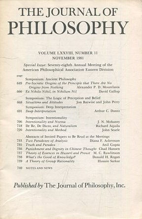 THE JOURNAL OF PHILOSOPHY. VOLUME LXXVIII, NUMBER  11 NOVEMBER 1981. SYMPOSIUM: ANCIENT PHILOSOPHY.