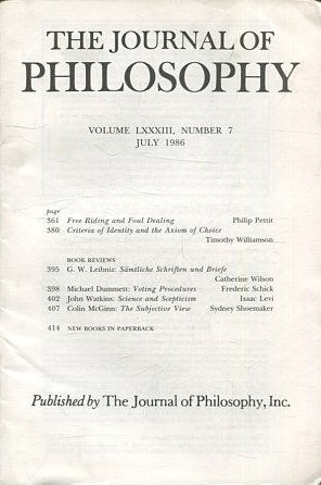 THE JOURNAL OF PHILOSOPHY. VOLUME LXXXIII, NUMBER 7 JULY 1986. FREE RIDING AND FOUL DEALING. CRITERIA OF IDENTITY AND THE AXIOM OF CHOICE.